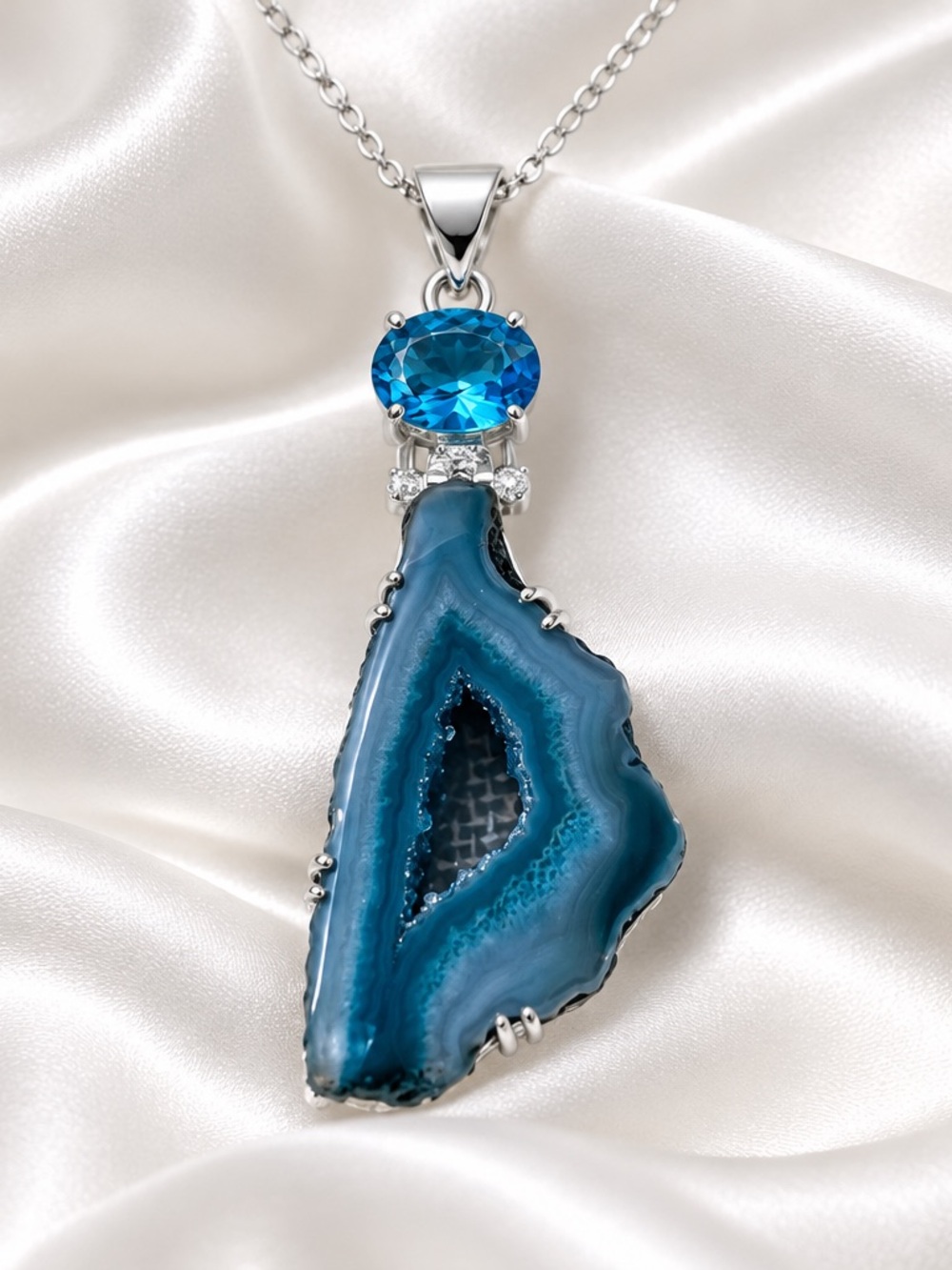 Blue Agate Druzy Slice Pendant Necklace with Blue Topaz Accent